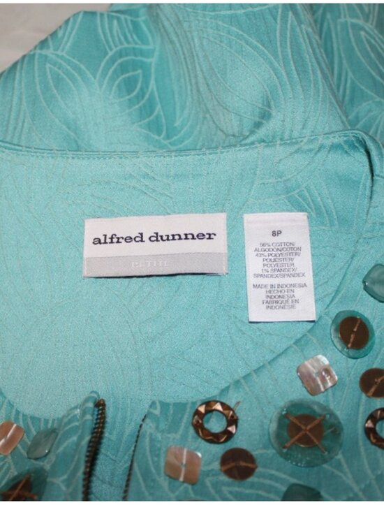 Alfred Dunner Green Blazer Beaded Collar 8 Petite Zip Front Jacket Cotton Blend - Picture 2 of 4